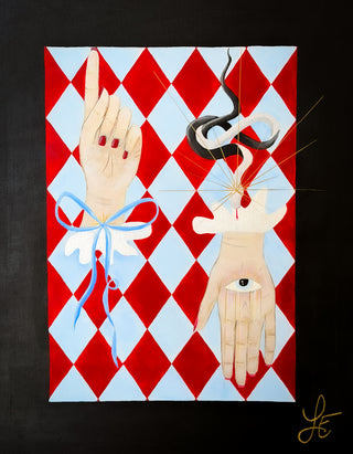 A surreal acrylic painting featuring two stylized hands against a red and light blue harlequin diamond background. The left hand has red nail polish and is tied with a light blue ribbon by Loren Estes