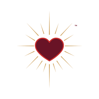 A heart-shaped graphic with a dark red center and a red outline, surrounded by thin gold rays on a plain white background.
