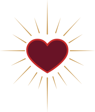 Logo for Loren Estes brand featuring two toned red heart with gold rays