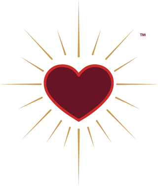 Loren Estes Logo featuring two toned red heart and golden rays with TM