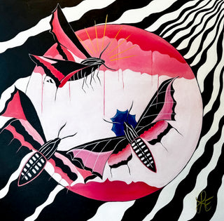 Awakening painting by Loren Estes features 3 moths with auras and a black and white background.