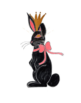 Black Rabbit art print by Loren Estes a black rabbit wears a hot pink bow around their neck and a golden crown