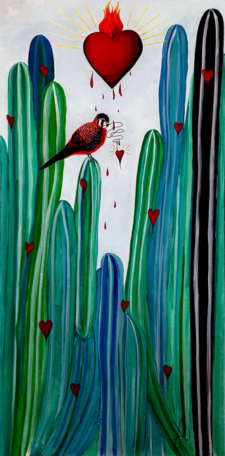 Bleeding Hearts painting by Loren Estes. Blue black and green cacti, little bleeding hearts and a kestrel with the sacred heart and golden rays