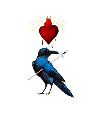 Crow with bleeding heart print by Loren Estes blue and black crow with a heart and aura