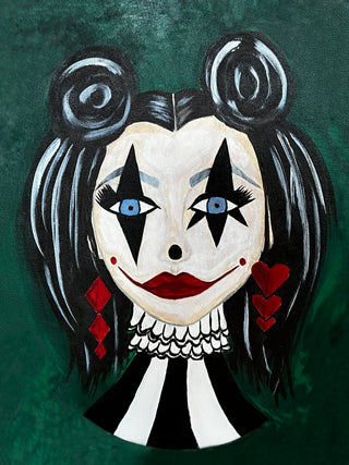 Harlequin painting by Loren Estes self portrait as a harlequin with black and white and a green background.
