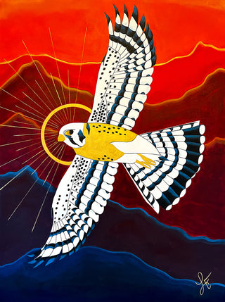 HORUS acrylic on canvas painting by Loren Estes featuring a black and white kestrel with a vivid colored mountain range in the background