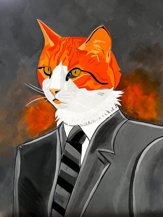 Mr Buddy acrylic painting by Loren Estes features their cat an orange tabby in a grey suit with a jumping spider on his shoulder