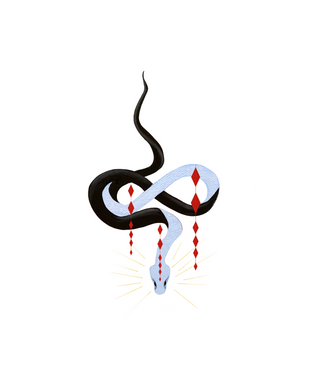 Ouroboros art print by Loren Estes features a blue and black snake with red diamonds and a golden aura