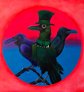 Plague of Ravens acrylic painting by Loren Estes featuring three ravens with a bright hot pink background