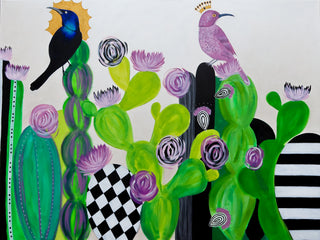 Royal Cactus Garden painting by Loren Estes featuring colorful cacti, flowers and birds.